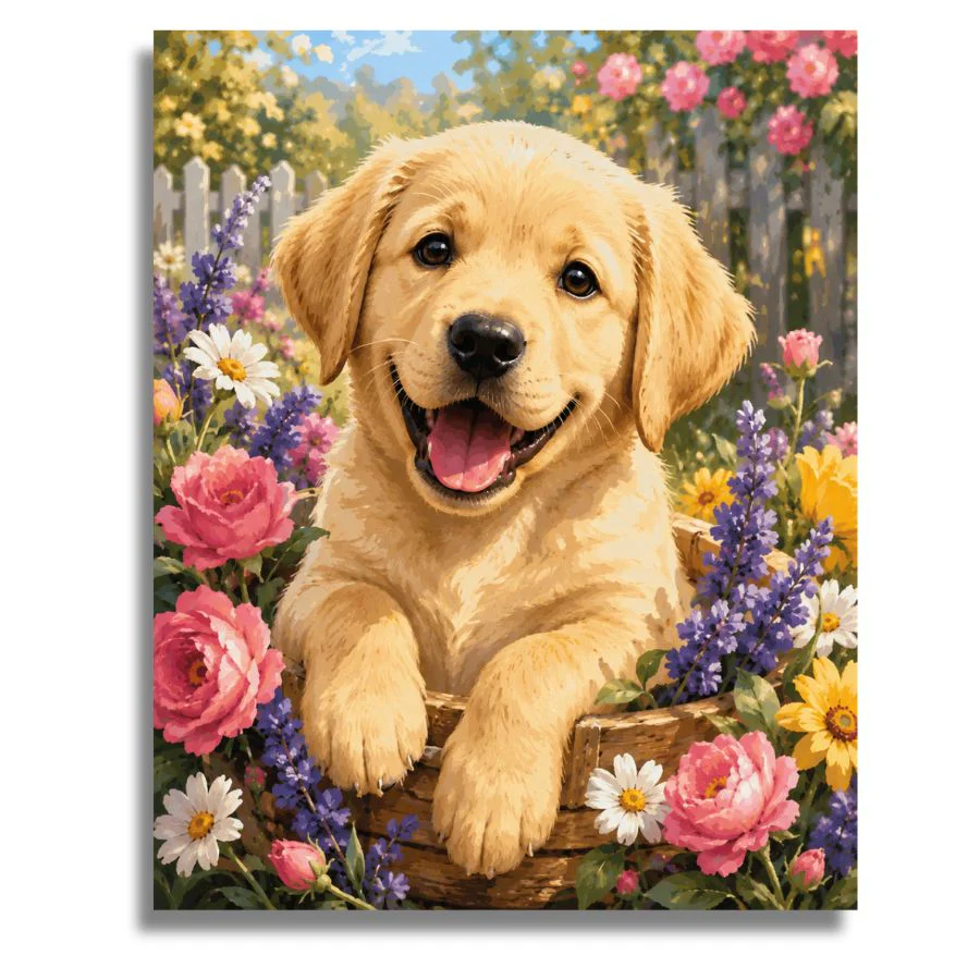 Joyful Pup with Flowers